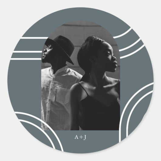 Grafische tekenaars met Monogram Blue Photo Wedden Ronde Sticker (Voorkant)