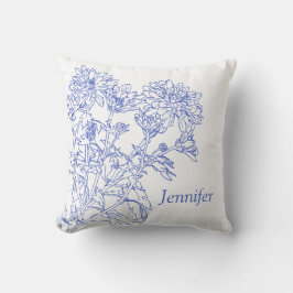 grafische tekening blauw Chrysanthemums aangepaste Kussen