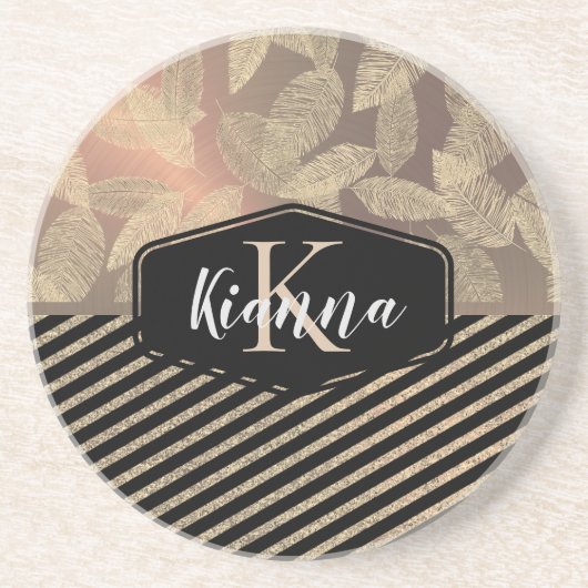 Grafische veren met monogram goudstapes zandsteen onderzetter (Voorkant)