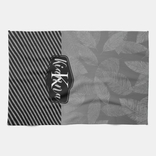 Grafische veren met Silver Stripes Monogram Theedoek (Horizontaal)