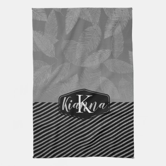 Grafische veren met Silver Stripes Monogram Theedoek (Verticaal)