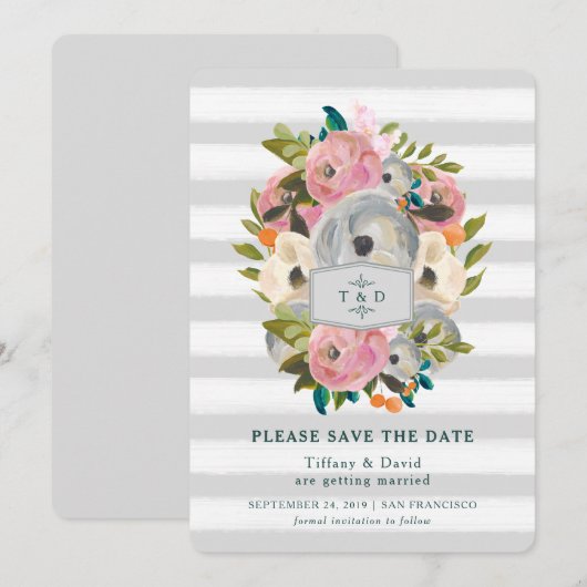 Grafische Waterverf bloemen grijze stripes opslaan Save The Date (Voorkant / Achterkant)
