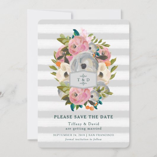 Grafische Waterverf bloemen grijze stripes opslaan Save The Date (Voorkant)