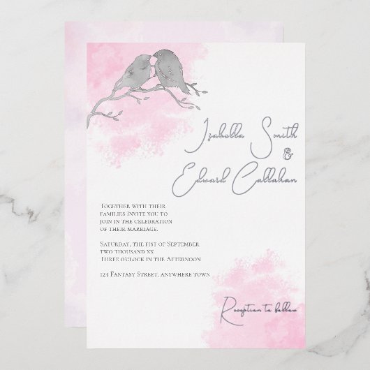 Grafische Waterverf Grijze veulen Roze kleurwas Folie Uitnodiging (Voorkant / Achterkant)