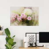 grafische Waterverf Shabby roze rozen in bas Poster (Thuiskantoor)