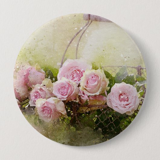 grafische Waterverf Shabby roze rozen in bas Ronde Button 4,0 Cm (Voorkant)