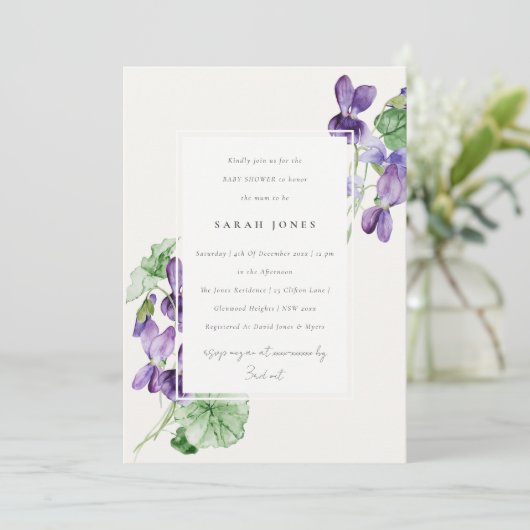  grafische Waterverf Violet Floral Baby shower Kaart (Staand voorkant)