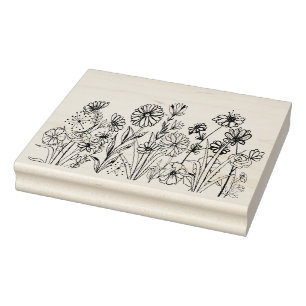 Grafische wilde bloemen zwarte inkt rubberstempel