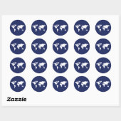 Grafische witte wereldkaart op blauw ronde sticker (Vel)