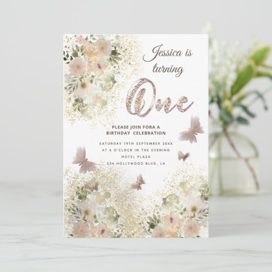 Grafische zachte vlinderbloemtuin 1e verjaardag kaart (Staand voorkant)