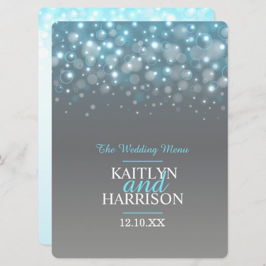 Grafische zeepbel grijs blauw trouwdiner menu (Voorkant / Achterkant)