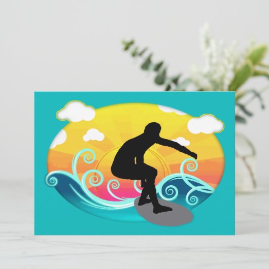 Grafische zon, oceaan en surfer kaart (Staand voorkant)