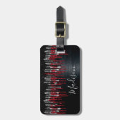 Grafische zwarte en rode zilverglitter druipt mono bagagelabel (Voorkant verticaal)
