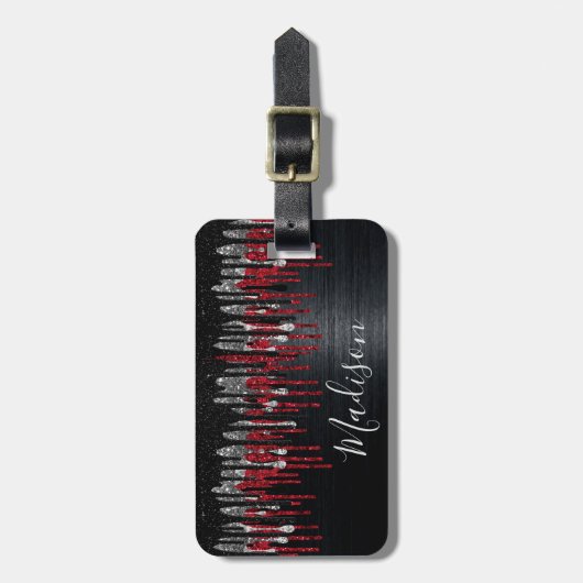 Grafische zwarte en rode zilverglitter druipt mono bagagelabel (Voorkant verticaal)