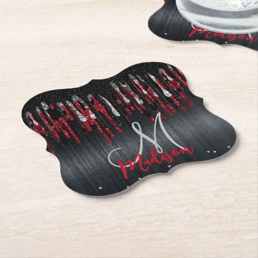 Grafische zwarte en rode zilverglitter druipt mono kartonnen onderzetters (Gekanteld)