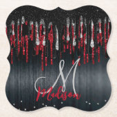 Grafische zwarte en rode zilverglitter druipt mono kartonnen onderzetters (Voorkant)