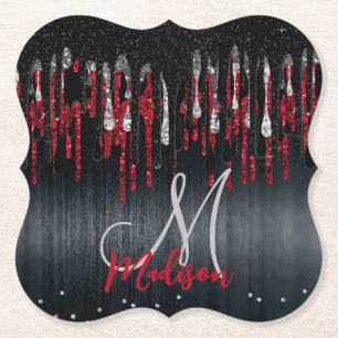 Grafische zwarte en rode zilverglitter druipt mono kartonnen onderzetters