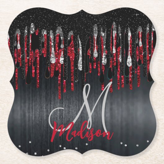 Grafische zwarte en rode zilverglitter druipt mono kartonnen onderzetters (Voorkant)