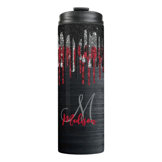 Grafische zwarte en rode zilverglitter druipt mono thermosbeker (Voorkant)