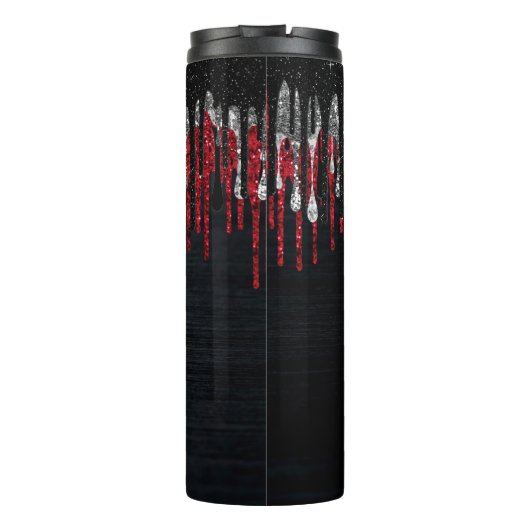 Grafische zwarte en rode zilverglitter druipt mono thermosbeker (Achterkant)