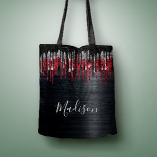 Grafische zwarte en rode zilverglitter druipt mono tote bag