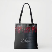 Grafische zwarte en rode zilverglitter druipt mono tote bag (Voorkant)
