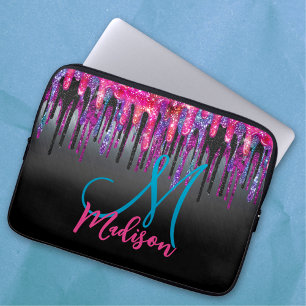 Grafische zwarte hete roze blauwe druppels monogra laptop sleeve
