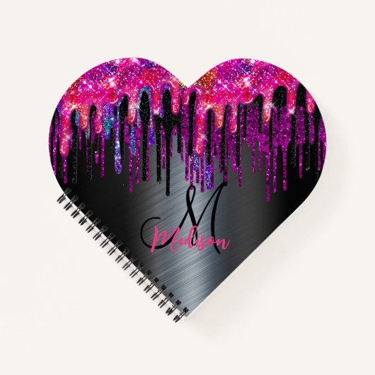 Grafische zwarte hete roze blauwe druppels monogra notitieboek (Voorkant)