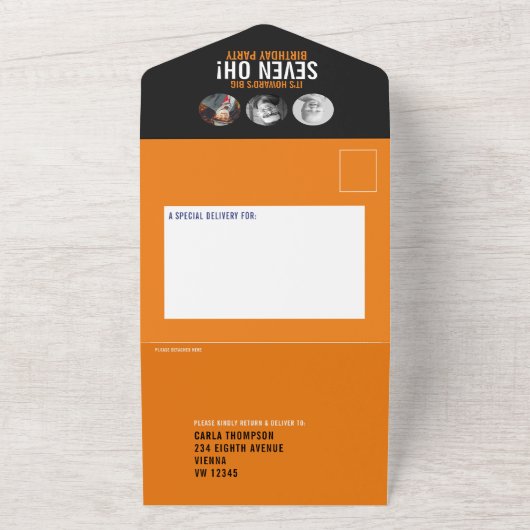 Grafische zwarte oranje fotocirkels 70e verjaardag all in one uitnodiging (Buitenkant)