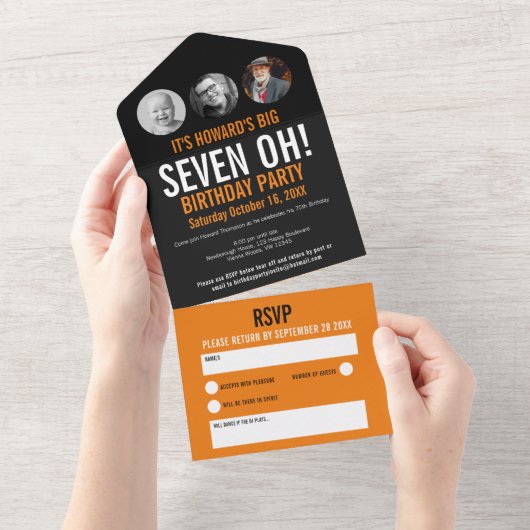 Grafische zwarte oranje fotocirkels 70e verjaardag all in one uitnodiging (Afscheurbaar)
