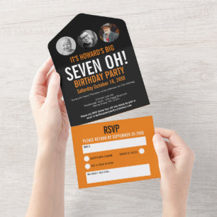Grafische zwarte oranje fotocirkels 70e verjaardag all in one uitnodiging