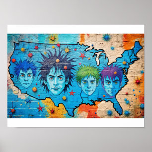 Grafitti Waterverf Verenigde Staten Kaart Poster