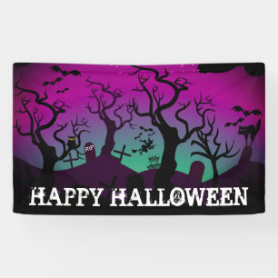 Grafkerk zwart, paars, turquoise Halloween Spandoek