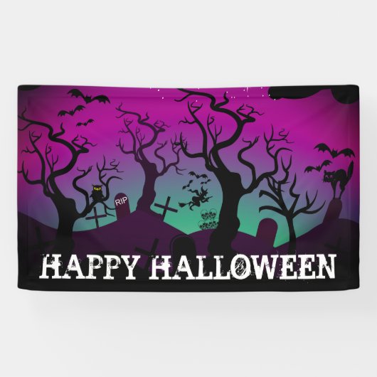 Grafkerk zwart, paars, turquoise Halloween Spandoek (Horizontaal)