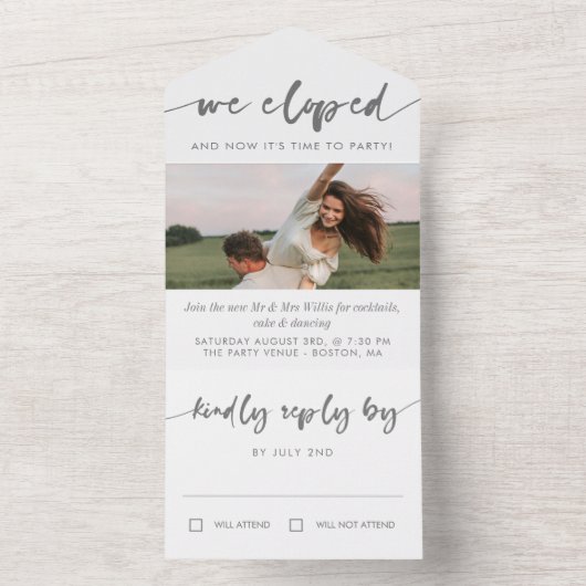 Grage kalligrafie Foto Elopement Party All In One Uitnodiging (Binnen)