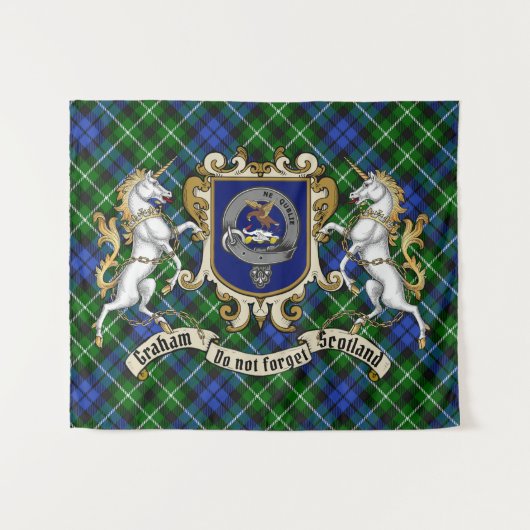 Graham Clan Badge & Unicorns met Tartan Wandkleed (Voorkant (horizontaal))