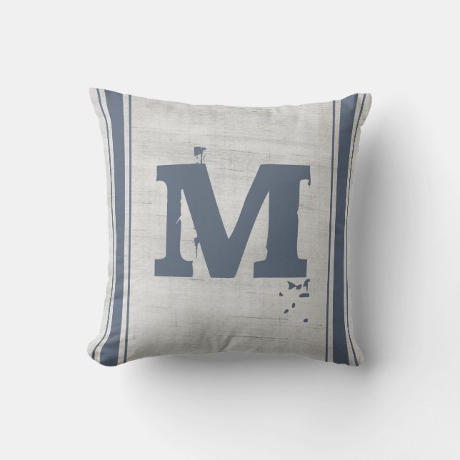 Grain Sack Blue Grey Verticale striptie Monogram M Kussen (Voorkant)