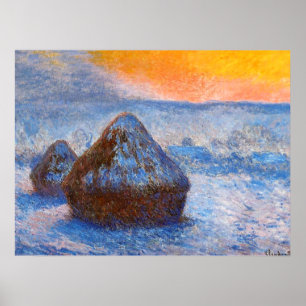 Grainstacks op zonsondergang, sneeuweffect poster