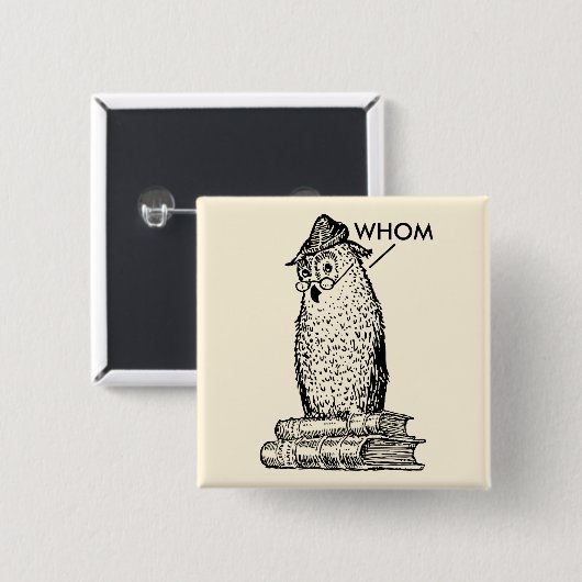 Grammar Owl Who/Whom Vierkante Button 5,1 Cm (Voorkant /achterkant)