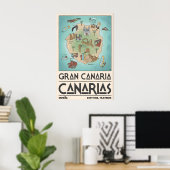 Gran Canaria Vintage Eiland Kaart Print - Handgete (Thuiskantoor)