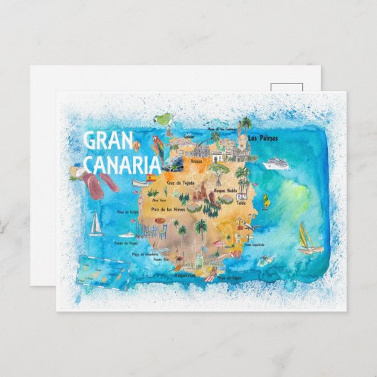 Gran Canarias Spanje Illustrate Map Briefkaart (Voorkant / Achterkant)