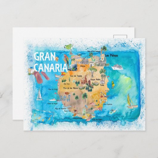 Gran Canarias Spanje Illustrate Map Briefkaart (Voorkant / Achterkant)