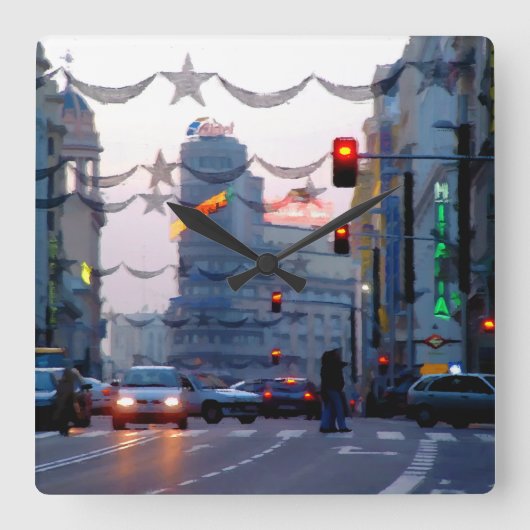 Gran Vía de Madrid en Navidad Vierkante Klok (Voorkant)