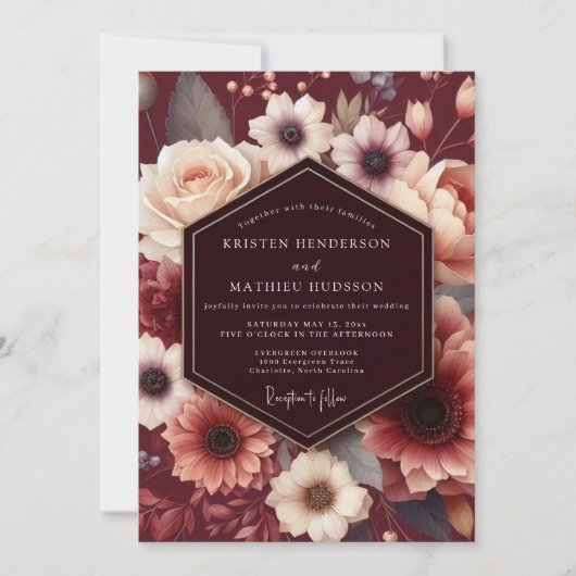 Granaat Blush Barokke Bruiloft Kaart (Voorkant)