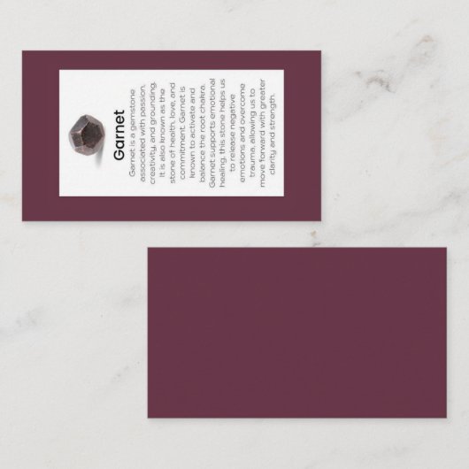 Granaat Crystal Betekenis Sieraden Display Edelste Visitekaartje (Voorkant / Achterkant)