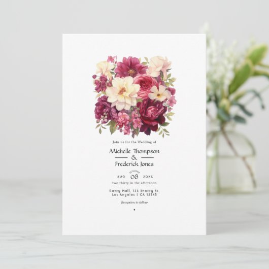 Granaat en Crème Bloemen Winter Bruiloft Kaart (Staand voorkant)