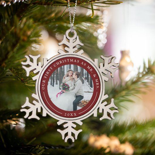 Granaat Rood | Eerste kerstfoto met huwelijk Tin Sneeuwvlok Ornament