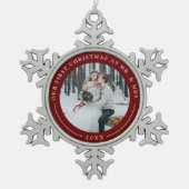 Granaat Rood | Eerste kerstfoto met huwelijk Tin Sneeuwvlok Ornament (Voorkant)