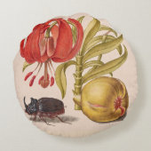 Granaatappel Bloem, Fruit en neushoorn Kever Rond Kussen (Achterkant)