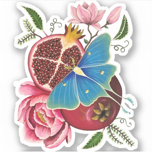 Granaatappel en Luna Moth Laser Cut Sticker (Voorkant)